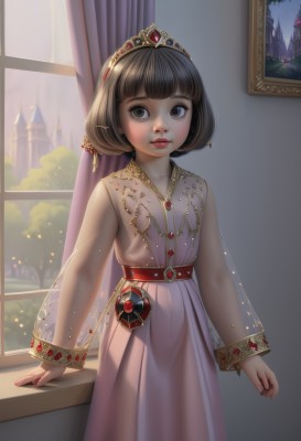 1girl,solo,looking at viewer,short hair,bangs,brown hair,black hair,long sleeves,dress,brown eyes,jewelry,standing,cowboy shot,parted lips,belt,indoors,blunt bangs,necklace,black eyes,flat chest,tree,lips,see-through,window,bob cut,tiara,curtains,building,gem,child,pink dress,nose,arms at sides,female child,open window,hair ornament,crown,realistic,painting (object)