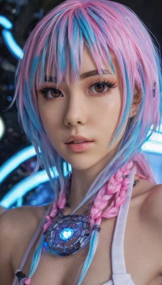 1girl,solo,long hair,breasts,looking at viewer,bangs,cleavage,bare shoulders,brown eyes,jewelry,medium breasts,blue hair,upper body,pink hair,braid,multicolored hair,parted lips,necklace,twin braids,two-tone hair,lips,piercing,portrait,realistic,nose,teeth,artist name,bra,blurry,streaked hair,eyelashes,makeup,blurry background,watermark,hair over shoulder,eyeshadow,science fiction,asymmetrical hair,eyeliner,cyberpunk,hologram