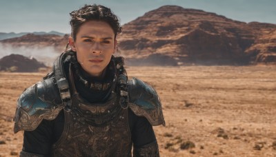 solo,looking at viewer,smile,short hair,brown hair,black hair,1boy,brown eyes,closed mouth,upper body,male focus,outdoors,sky,day,dark skin,armor,black eyes,blurry background,facial hair,scar,shoulder armor,pauldrons,breastplate,mountain,realistic,stubble,desert,chainmail,1girl,blurry,lips,sand