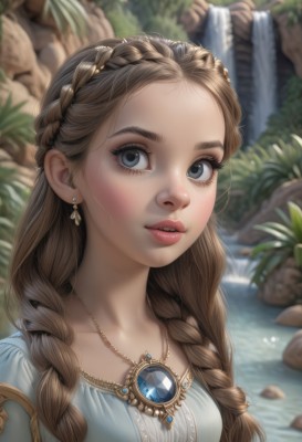 1girl,solo,long hair,breasts,looking at viewer,blue eyes,brown hair,dress,jewelry,upper body,braid,earrings,outdoors,parted lips,teeth,day,artist name,water,necklace,blurry,twin braids,lips,grey eyes,eyelashes,depth of field,blurry background,blue dress,plant,gem,portrait,hair over shoulder,close-up,forehead,pendant,freckles,rock,realistic,nose,waterfall,nature,crown braid