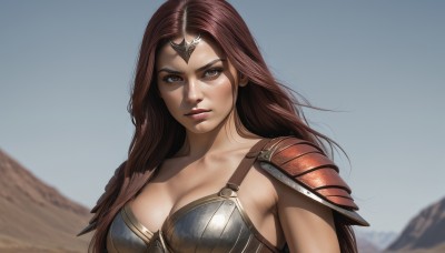 1girl,solo,long hair,breasts,looking at viewer,large breasts,brown hair,cleavage,brown eyes,medium breasts,closed mouth,collarbone,upper body,outdoors,sky,day,armor,blurry,lips,blurry background,shoulder armor,pauldrons,circlet,breastplate,realistic,nose,bikini armor,blue sky,serious,mountain,shoulder pads