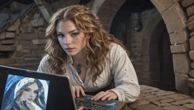 1girl,solo,long hair,breasts,looking at viewer,blue eyes,blonde hair,brown hair,shirt,hair ornament,long sleeves,dress,cleavage,brown eyes,jewelry,medium breasts,white shirt,indoors,necklace,mole,lips,mole under eye,wavy hair,freckles,computer,laptop,parted lips,curly hair,realistic,nose