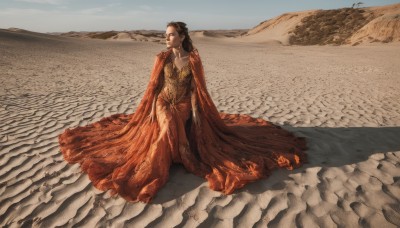 1girl,solo,long hair,brown hair,black hair,long sleeves,dress,jewelry,sitting,closed mouth,closed eyes,outdoors,sky,day,cape,looking to the side,beach,red dress,realistic,sand,on ground,desert,breasts,cleavage,medium breasts,standing,cloak