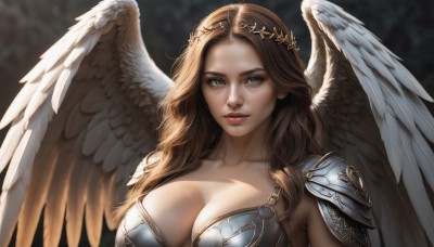 1girl,solo,long hair,breasts,looking at viewer,large breasts,brown hair,cleavage,brown eyes,closed mouth,collarbone,upper body,wings,armor,blurry,lips,grey eyes,blurry background,shoulder armor,feathered wings,pauldrons,angel wings,realistic,white wings,angel,shoulder pads,nose