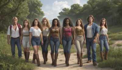 long hair,breasts,looking at viewer,smile,short hair,multiple girls,skirt,blonde hair,large breasts,brown hair,shirt,black hair,1boy,cleavage,bare shoulders,medium breasts,jacket,white shirt,boots,outdoors,multiple boys,sky,day,midriff,belt,pants,cloud,dark skin,dark-skinned female,tree,lips,facial hair,6+girls,wavy hair,brown footwear,knee boots,tank top,grass,denim,nature,beard,camisole,forest,walking,curly hair,jeans,realistic,mustache,arms at sides,capri pants,lineup,navel,brown eyes,collarbone,full body,open clothes,shorts,backpack