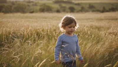 1girl,solo,smile,short hair,brown hair,shirt,long sleeves,brown eyes,closed mouth,standing,cowboy shot,outdoors,day,pants,blurry,sweater,depth of field,blurry background,half-closed eyes,grass,blue shirt,child,realistic,arms at sides,field,1boy,closed eyes,male focus,looking down,aged down,male child,wheat