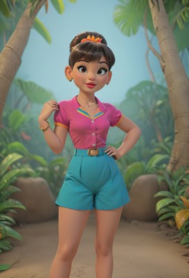 1girl,solo,breasts,looking at viewer,smile,short hair,brown hair,shirt,black hair,hair ornament,brown eyes,jewelry,closed mouth,standing,collarbone,ponytail,flower,short sleeves,earrings,small breasts,outdoors,sky,shorts,day,belt,hand up,dark skin,blurry,bracelet,dark-skinned female,tree,blue sky,lips,hand on hip,short shorts,makeup,blurry background,feet out of frame,lipstick,child,blue shorts,pink shirt,hoop earrings,palm tree,red lips,female child,shirt tucked in,bangle,very dark skin,high-waist shorts,blush,bangs,parted lips,necklace,plant,stud earrings