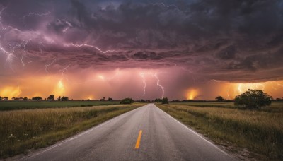 outdoors,sky,cloud,tree,no humans,cloudy sky,grass,fire,ground vehicle,building,scenery,motor vehicle,sunset,electricity,road,field,lightning,nature,forest,smoke,landscape,burning