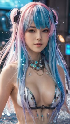 1girl,solo,long hair,breasts,looking at viewer,bangs,ribbon,cleavage,bare shoulders,brown eyes,jewelry,medium breasts,blue hair,swimsuit,hair ribbon,upper body,pink hair,bikini,multicolored hair,parted lips,artist name,water,necklace,blurry,two-tone hair,two side up,lips,wet,black ribbon,depth of field,blurry background,white bikini,gem,breasts apart,partially submerged,realistic,nose,split-color hair,hair ornament