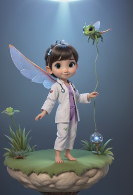 1girl,solo,looking at viewer,smile,short hair,brown hair,black hair,brown eyes,standing,hairband,wings,barefoot,pants,grass,bug,child,antennae,labcoat,fairy wings,frog,fairy,butterfly wings,stethoscope,faux figurine,doctor,ladybug,full body,lips