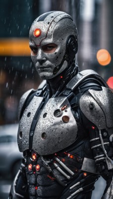 solo,looking at viewer,1boy,upper body,male focus,signature,armor,blurry,blurry background,helmet,robot,science fiction,rain,realistic,cyborg,power armor,cyberpunk,weapon,black eyes,mask,depth of field,alien