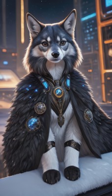 solo,looking at viewer,brown eyes,jewelry,sitting,closed mouth,outdoors,artist name,signature,necklace,cape,blurry,no humans,window,night,blurry background,animal,brooch,gem,night sky,cloak,pendant,animal focus,white fur,black fur,fluffy,grey fur,fur cloak,sky,feathers,building,star (sky),starry sky,realistic,wolf