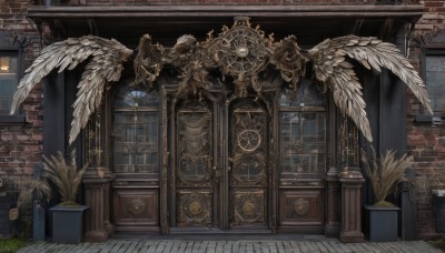 wings,indoors,no humans,window,plant,scenery,feathered wings,angel wings,stairs,fantasy,door,clock,potted plant,gears,outdoors,grass,building,skull,white wings,angel,candle,brick wall,statue,multiple wings,arch,brick