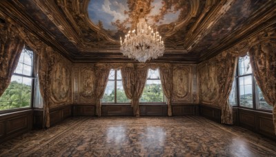 sky,day,cloud,indoors,tree,blue sky,no humans,window,sunlight,cloudy sky,curtains,scenery,reflection,wooden floor,candle,pillar,reflective floor,chandelier,fire,fantasy,candlestand