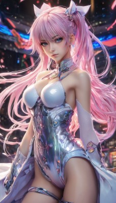 1girl,solo,long hair,breasts,looking at viewer,bangs,blue eyes,large breasts,hair ornament,gloves,cleavage,hair between eyes,bare shoulders,twintails,jewelry,medium breasts,very long hair,closed mouth,standing,pink hair,cowboy shot,earrings,detached sleeves,elbow gloves,white gloves,blurry,leotard,lips,thigh strap,blurry background,blue leotard,thighhighs,thighs,shiny,signature,clothing cutout,detached collar,halterneck,highleg,cleavage cutout,highleg leotard,pink lips,realistic,white leotard