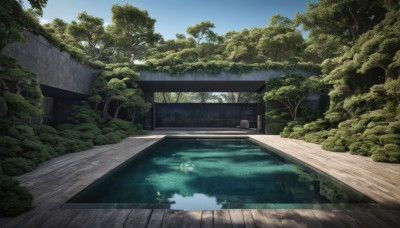 outdoors,sky,day,cloud,water,tree,blue sky,no humans,sunlight,plant,building,nature,scenery,forest,reflection,stairs,bush,reflective water,bridge,river