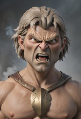 solo,looking at viewer,short hair,open mouth,blonde hair,1boy,nipples,collarbone,yellow eyes,upper body,male focus,teeth,tongue,grey background,muscular,facial hair,fangs,pectorals,muscular male,portrait,bara,angry,beard,topless male,mature male,realistic,mustache,manly,chest hair,brown eyes,artist name,armor,scar,close-up,veins