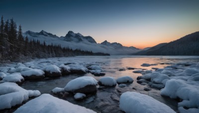 outdoors,sky,tree,no humans,night,grass,star (sky),nature,scenery,snow,forest,sunset,rock,mountain,winter,bare tree,river,evening,landscape,mountainous horizon,gradient sky,sunrise,cloud,water,reflection,ice,twilight,lake,orange sky,pine tree