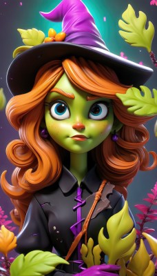 1girl,solo,long hair,looking at viewer,smile,blue eyes,gloves,long sleeves,hat,dress,jewelry,closed mouth,green eyes,upper body,flower,earrings,puffy sleeves,orange hair,black dress,lips,eyelashes,black headwear,makeup,witch hat,colored skin,leaf,thick eyebrows,plant,lipstick,freckles,curly hair,yellow flower,witch,green skin,goblin,red hair,watermark,web address,nose,wand,branch,collared dress,purple gloves,yellow skin,orange skin