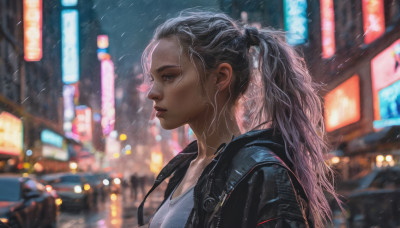 1girl, solo, long hair, shirt, jacket, upper body, ponytail, outdoors, blurry, from side, lips, black jacket, wet, profile, night, depth of field, blurry background, ground vehicle, motor vehicle, rain, realistic, nose, car, neon lights