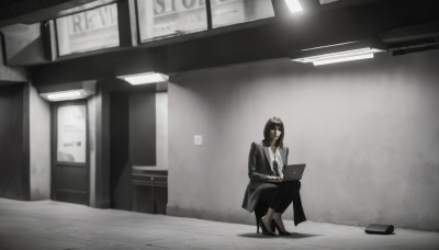 1girl,solo,long hair,breasts,looking at viewer,bangs,skirt,shirt,black hair,long sleeves,hat,sitting,closed mouth,jacket,monochrome,full body,white shirt,greyscale,open clothes,glasses,pants,indoors,black footwear,high heels,black jacket,black pants,formal,squatting,suit,office lady,computer,wide shot,monitor,laptop,office,brown hair,pantyhose,collared shirt,black skirt,medium hair,open jacket,coat,phone,ceiling light