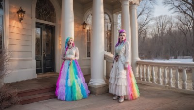 1girl,long hair,looking at viewer,multiple girls,skirt,blonde hair,long sleeves,dress,2girls,jewelry,standing,pink hair,purple hair,multicolored hair,outdoors,shoes,necklace,white dress,tree,scenery,multicolored clothes,lamppost,multicolored dress,bare tree,black hair,hat,braid,indoors,window