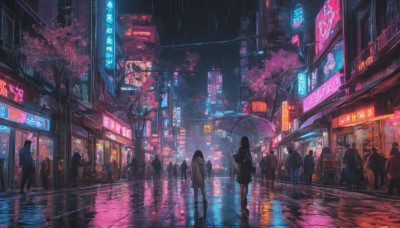 long hair, multiple girls, skirt, black hair, school uniform, outdoors, multiple boys, bag, tree, dutch angle, night, umbrella, cherry blossoms, ground vehicle, building, scenery, reflection, walking, rain, 6+boys, city, sign, road, dark, lamppost, street, bicycle, puddle, city lights, neon lights, people, pavement, crosswalk, vanishing point