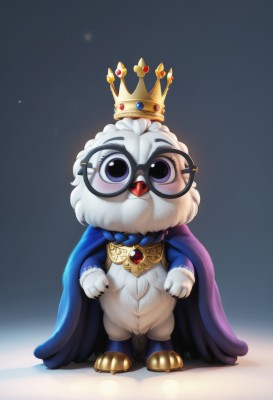 solo,looking at viewer,blush,open mouth,blue eyes,simple background,jewelry,standing,purple eyes,full body,glasses,tongue,artist name,cape,nail polish,gradient background,no humans,crown,gem,black nails,black-framed eyewear,round eyewear,white fur,blue cape,blue gemstone,purple cape,buck teeth,1boy,white hair,male focus,facial hair,fangs,mustache,straight-on