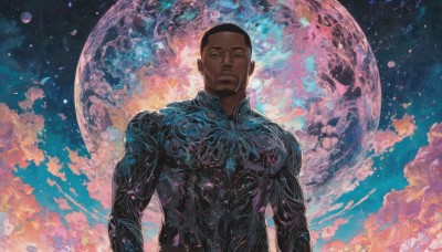 solo,looking at viewer,short hair,black hair,1boy,closed mouth,upper body,male focus,sky,cloud,dark skin,black eyes,bodysuit,facial hair,moon,dark-skinned male,star (sky),beard,full moon,starry sky,science fiction,very short hair,planet,buzz cut,muscular,muscular male,mature male,space,very dark skin