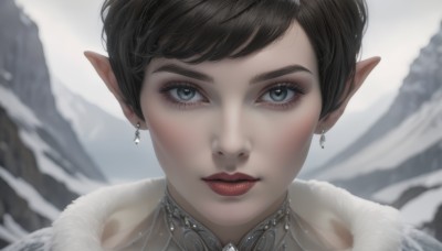 1girl,solo,looking at viewer,short hair,bangs,blue eyes,brown hair,black hair,jewelry,earrings,outdoors,pointy ears,blurry,lips,grey eyes,fur trim,eyelashes,makeup,blurry background,elf,portrait,snow,close-up,mountain,realistic,red lips,winter,parted lips,swept bangs,nose,straight-on