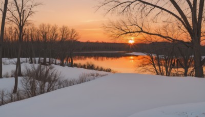 outdoors,sky,cloud,water,tree,no humans,nature,scenery,snow,forest,reflection,sunset,mountain,sun,road,winter,bare tree,river,landscape,orange sky,bird,lake