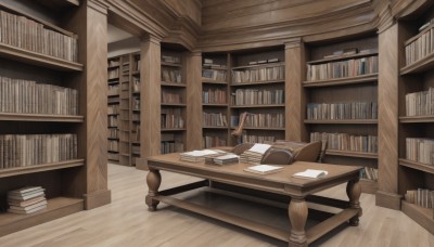 indoors,book,no humans,chair,table,scenery,desk,wooden floor,paper,open book,bookshelf,shelf,book stack,library,ladder,wooden chair,pillow,sunlight,couch