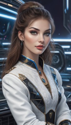 1girl,solo,long hair,breasts,looking at viewer,brown hair,gloves,long sleeves,brown eyes,jewelry,closed mouth,jacket,upper body,ponytail,earrings,black gloves,necklace,lips,eyelashes,makeup,white jacket,lipstick,gem,forehead,eyeshadow,realistic,nose,red lips,eyeliner,hair pulled back,shirt,artist name,bracelet,pendant,half updo,science fiction