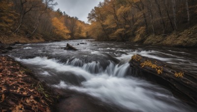 outdoors,sky,day,cloud,water,tree,no humans,building,nature,scenery,forest,smoke,mountain,architecture,bridge,east asian architecture,river,waterfall,landscape,fog,leaf,rock,autumn leaves,watercraft,bare tree,autumn,stream