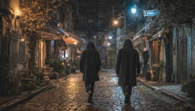 outdoors, multiple boys, hood, from behind, blurry, night, ground vehicle, building, scenery, motor vehicle, walking, city, sign, car, road, multiple others, lamppost, street, neon lights