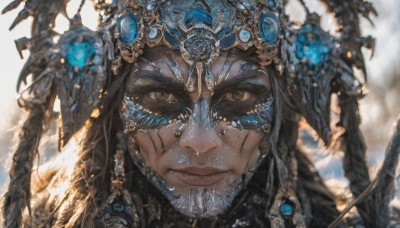 1girl,solo,long hair,looking at viewer,black hair,hair ornament,brown eyes,jewelry,closed mouth,artist name,dark skin,blurry,lips,eyelashes,depth of field,blurry background,glowing,facial mark,feathers,gem,portrait,close-up,crystal,fantasy,facepaint,straight-on,smile,facial hair,beard,freckles,realistic,headdress