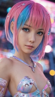 1girl,solo,breasts,looking at viewer,smile,short hair,bangs,blue eyes,hair ornament,bare shoulders,jewelry,closed mouth,blue hair,upper body,pink hair,multicolored hair,small breasts,necklace,armor,blurry,two-tone hair,lips,eyelashes,depth of field,blurry background,armlet,realistic,nose,collarbone,parted lips,artist name,makeup,watermark,piercing,bob cut,gem,revealing clothes,web address,pink lips,bokeh