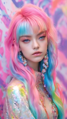 1girl,solo,long hair,breasts,looking at viewer,bangs,blue eyes,jewelry,blue hair,upper body,pink hair,multicolored hair,earrings,parted lips,artist name,signature,blunt bangs,necklace,blurry,two-tone hair,lips,see-through,eyelashes,aqua hair,gradient hair,makeup,depth of field,blurry background,watermark,gem,web address,eyeshadow,pink lips,realistic,nose,eyeliner,colorful,mascara,rainbow hair,cleavage,medium breasts,flower,streaked hair,pearl (gemstone)