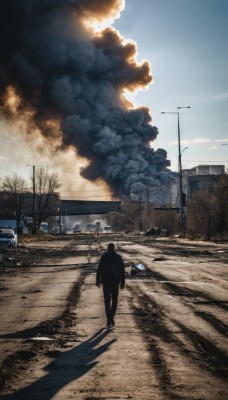 solo,1boy,standing,male focus,outdoors,sky,day,cloud,from behind,tree,blue sky,shadow,cloudy sky,fire,ground vehicle,building,scenery,motor vehicle,smoke,walking,fence,silhouette,car,road,power lines,lamppost,street,utility pole