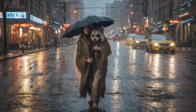 1girl, long hair, looking at viewer, black hair, holding, standing, outdoors, barefoot, mask, night, animal, umbrella, ground vehicle, building, motor vehicle, reflection, rain, holding umbrella, city, realistic, car, road, street, puddle, crosswalk