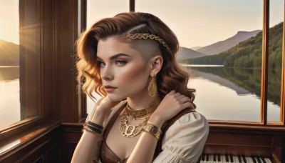 1girl,solo,long hair,breasts,looking at viewer,short hair,brown hair,hair ornament,cleavage,jewelry,medium breasts,upper body,earrings,indoors,necklace,bracelet,lips,grey eyes,window,wavy hair,sunlight,feathers,instrument,sunset,realistic,nose,feather hair ornament,lake,piano,brown eyes,outdoors,choker,day,tree,eyelashes,makeup,scenery,mountain,gold chain,hand on own shoulder,hand on own neck