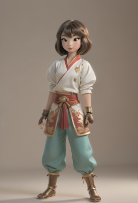 1girl,solo,looking at viewer,short hair,simple background,brown hair,gloves,brown eyes,closed mouth,standing,full body,short sleeves,boots,black gloves,puffy sleeves,pants,fingerless gloves,black eyes,lips,sash,brown background,baggy pants,bangs,shirt,white shirt,japanese clothes,kimono,puffy short sleeves,makeup,floral print,brown gloves,white kimono,arms at sides