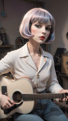 1girl,solo,breasts,looking at viewer,short hair,bangs,blue eyes,shirt,long sleeves,holding,cleavage,sitting,closed mouth,collarbone,white shirt,grey hair,multicolored hair,small breasts,collared shirt,pants,indoors,nail polish,blurry,lips,fingernails,grey eyes,dress shirt,makeup,buttons,depth of field,blurry background,chair,bob cut,denim,lipstick,instrument,red nails,jeans,nose,music,blue pants,guitar,red lips,playing instrument,holding instrument,electric guitar,plectrum,blush,parted lips,black eyes,realistic