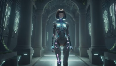 1girl,solo,breasts,looking at viewer,short hair,bangs,brown hair,black hair,medium breasts,closed mouth,standing,closed eyes,indoors,blunt bangs,lips,bodysuit,glowing,bob cut,skin tight,science fiction,arms at sides,black bodysuit,cyborg,robot joints,neon trim,cyberpunk,hologram,cowboy shot,small breasts,signature,makeup,facial mark,thigh gap,facing viewer,backlighting,android,tiles,joints,tile floor,pillar