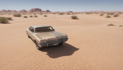 outdoors,sky,day,tree,blue sky,no humans,shadow,grass,ground vehicle,scenery,motor vehicle,mountain,sand,car,road,vehicle focus,desert,truck,beach,sports car