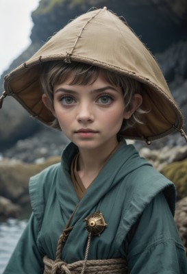 1girl,solo,looking at viewer,short hair,bangs,brown hair,long sleeves,hat,brown eyes,jewelry,closed mouth,upper body,outdoors,japanese clothes,day,kimono,necklace,blurry,lips,grey eyes,sash,depth of field,blurry background,obi,androgynous,freckles,realistic,nose,brown headwear,straw hat,parted lips,water,eyelashes,thick eyebrows,rope