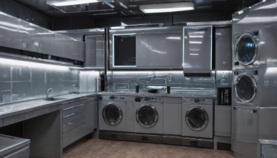 indoors,no humans,window,scenery,science fiction,tiles,kitchen,sink,stove,washing machine,rain,speaker,still life,ceiling light