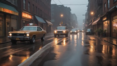 outdoors,sky,cloud,tree,no humans,window,night,plant,ground vehicle,building,scenery,motor vehicle,reflection,rain,city,sign,car,road,vehicle focus,power lines,lamppost,street,utility pole,road sign,puddle,traffic light,truck,crosswalk,water,cityscape,lights,vanishing point