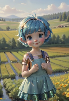 1girl,solo,looking at viewer,blush,smile,short hair,bangs,blue eyes,skirt,shirt,hair ornament,dress,closed mouth,blue hair,standing,flower,short sleeves,cowboy shot,hairband,outdoors,sky,day,cloud,hair flower,water,blurry,tree,blue sky,depth of field,blurry background,blue dress,cloudy sky,grass,child,nature,mountain,yellow flower,female child,road,overalls,field,river,flower field,path,jewelry,collarbone,earrings,lips,sunlight,polka dot,clenched hands,realistic,aqua dress,polka dot shirt