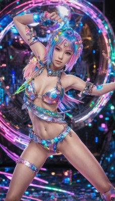 1girl,solo,long hair,breasts,looking at viewer,smile,blue eyes,hair ornament,navel,cleavage,jewelry,medium breasts,blue hair,purple eyes,swimsuit,pink hair,bikini,multicolored hair,necklace,bracelet,two-tone hair,lips,gradient hair,thigh strap,armlet,realistic,bikini armor,short hair,standing,armpits,watermark,dancing